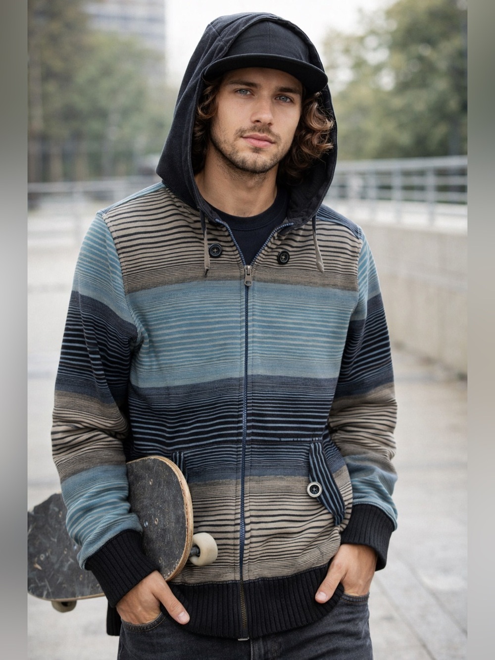 Burton Striped Zip-Up Cotton Jacket Small Blue Beige Brown Logo Button Pocket